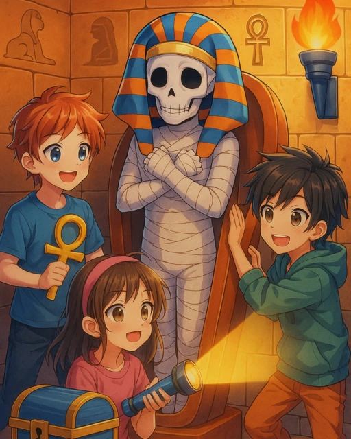 un grupo de niños jugando un escape room con un tema de Egipto