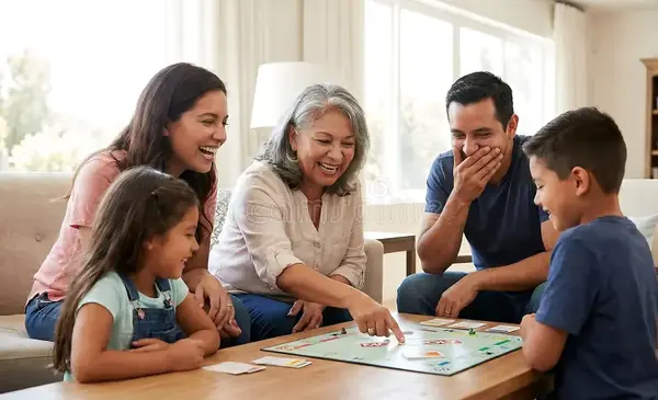 Familia colombiana jugando un juego de mesa en casa en Medellín