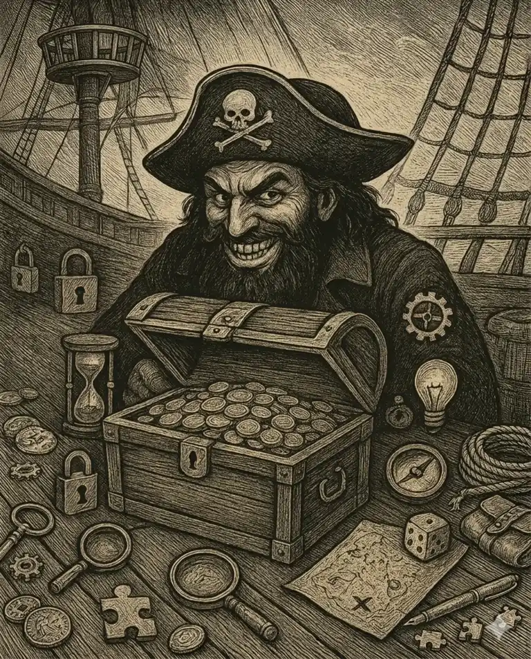 Ilustración en estilo grabado de un pirata malévolo que abre un cofre lleno de monedas de oro a bordo de un barco. A su alrededor: candados, una lupa, un mapa del tesoro, una brújula y piezas de acertijo — los retos que esperan a los jugadores del escape room Rompecabezas en El Poblado, Medellín.