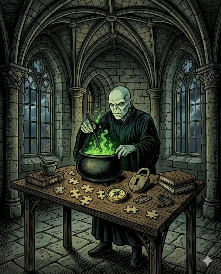 Ilustración de un hechicero de aspecto amenazante que prepara una poción de humo verde en un caldero dentro de una cámara de piedra gótica. Sobre la mesa: piezas de acertijo, una brújula, un candado y un libro antiguo — los enigmas que los jugadores deben resolver en Rompecabezas Escape Room, El Poblado, Medellín.