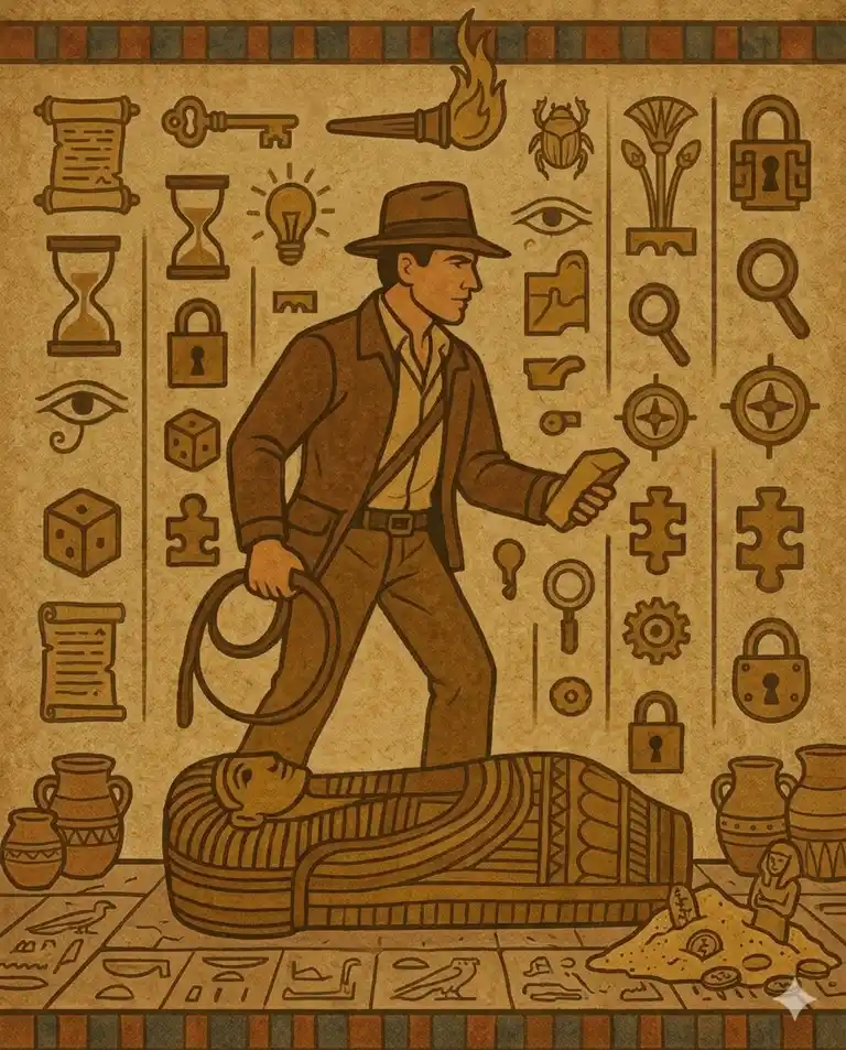 Ilustración estilo jeroglífico de un aventurero con sombrero y látigo que avanza sobre un sarcófago egipcio, rodeado de símbolos de acertijos: llaves, candados, lupas, relojes de arena y escarabajos. Una sala de escape inmersiva en Rompecabezas Escape Room, El Poblado, Medellín.