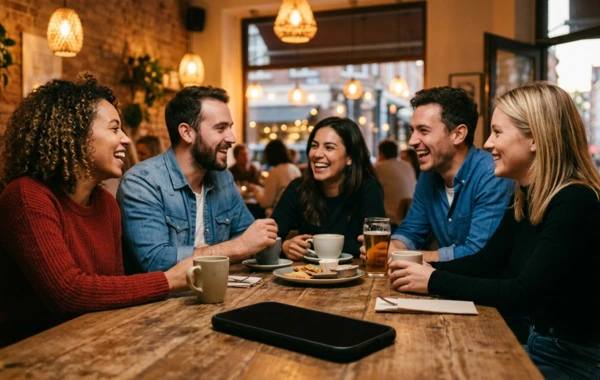 amigos jóvenes se ríen y charlan alegremente alrededor de una mesa de madera en una acogedora cafetería iluminada con luces cálidas. En primer plano, sobre la mesa, hay tazas de café, un vaso de cerveza, un plato de comida y un teléfono móvil boca abajo. Al fondo, se ve un ambiente de cafetería rústico con paredes de ladrillo y otras personas