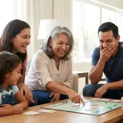 Familia colombiana jugando un juego de mesa en casa en Medellín
