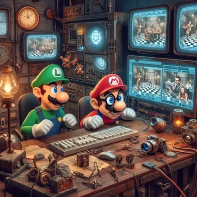 Super Mario y Luigi trabajando como Games Master en un escape room Dos personajes de un videojuego viendo otro equipo jugar una sala de escape
